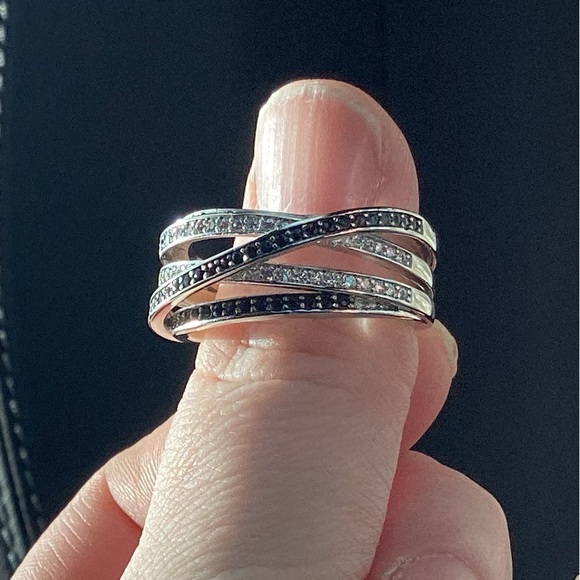 🖤Sterling Silver Black&White Cz Diamond Crisscross Stacked Ring - Picture 15 of 16